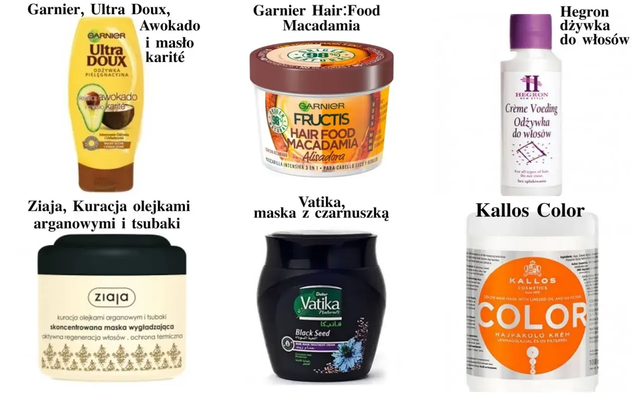 Produkty do pielęgnacji włosów: maski Garnier, Ziaja, Vatika, Kallos i odżywka Hegron. Pomogą Ci dowiedzieć się, jak zmyć olejek z włosów.