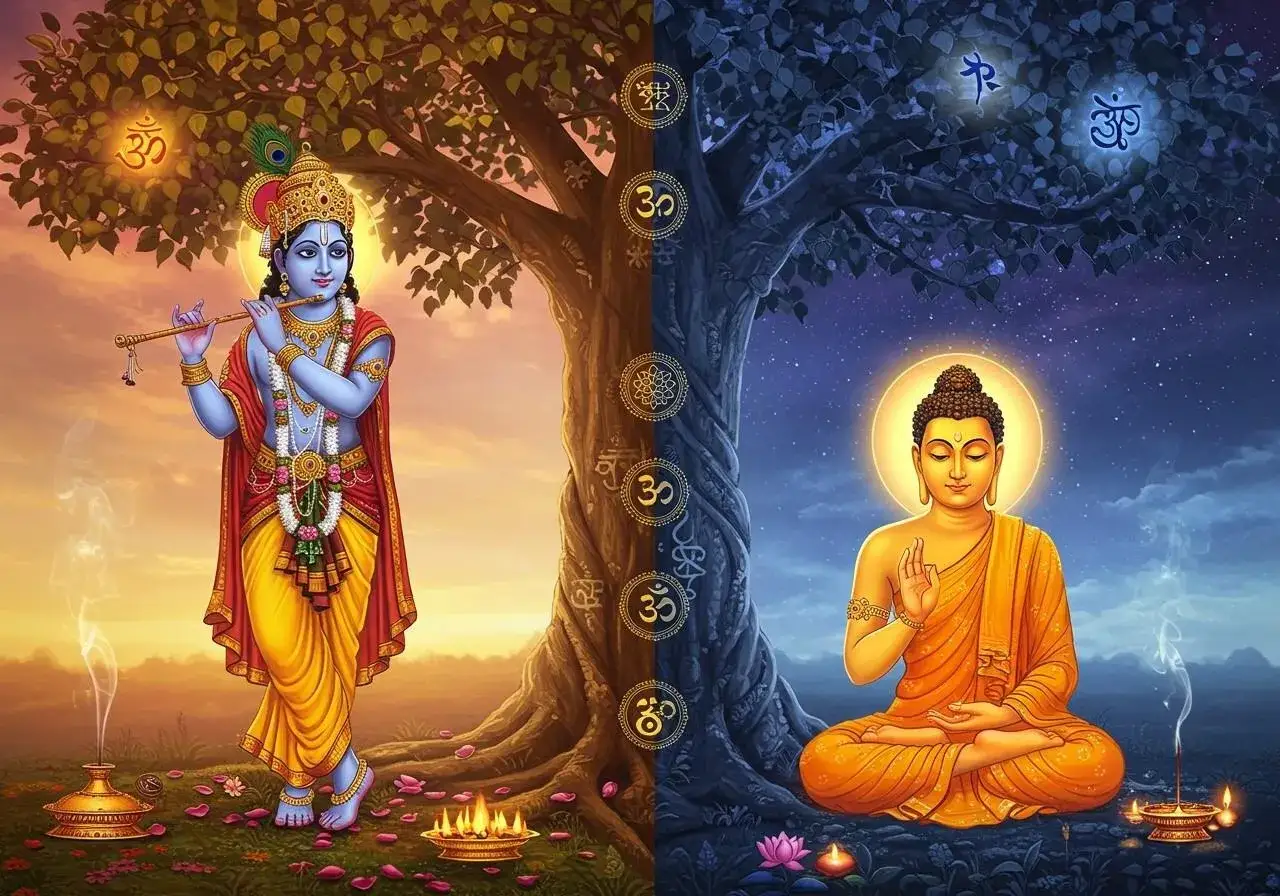 Krishn grający na flecie i Budda w medytacji pod drzewem symbolizującym hinduizm a buddyzm.